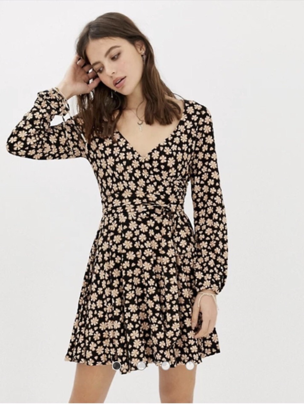 Free People Pradera Floral-print Faux-wrap long Sleeve Mini Dress Size Large